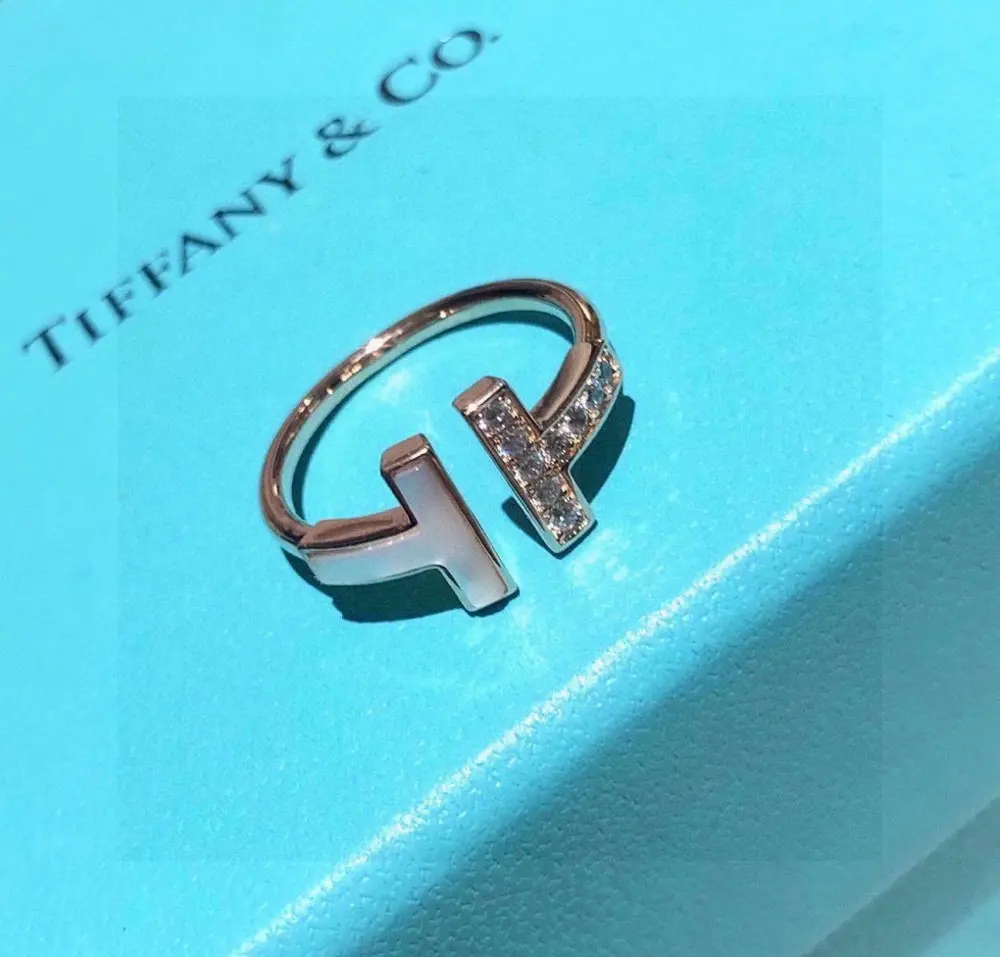 Tiffany Hardwear series white shell asymmetric open double t diamond ring