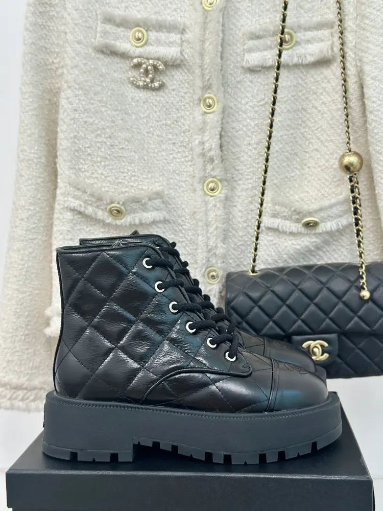 Chanel Double C Thick-soled Diamond-patterned Platform Motorcycle Boots