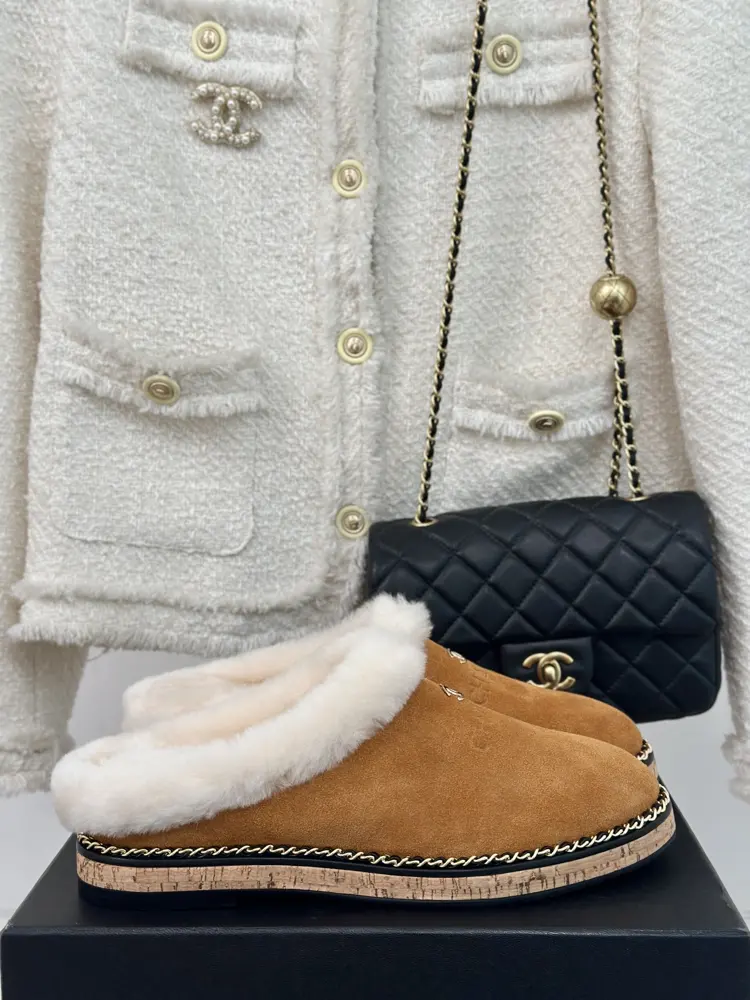 Chanel Autumn and winter new double C chain wool half-slippers