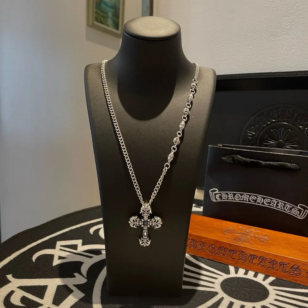 Chrome Hearts Classic Retro Sideways Necklace Cross Flame Pendant