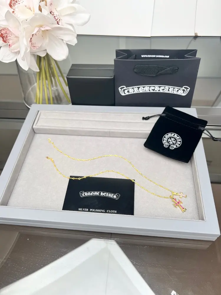 Chrome Hearts 22k gold plated red diamond double cross necklace