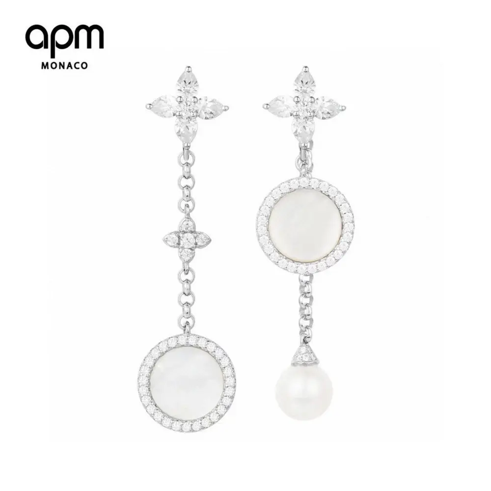 Apm monaco asymmetrical mother-of-pearl earrings sterling silver crystal diamond earrings