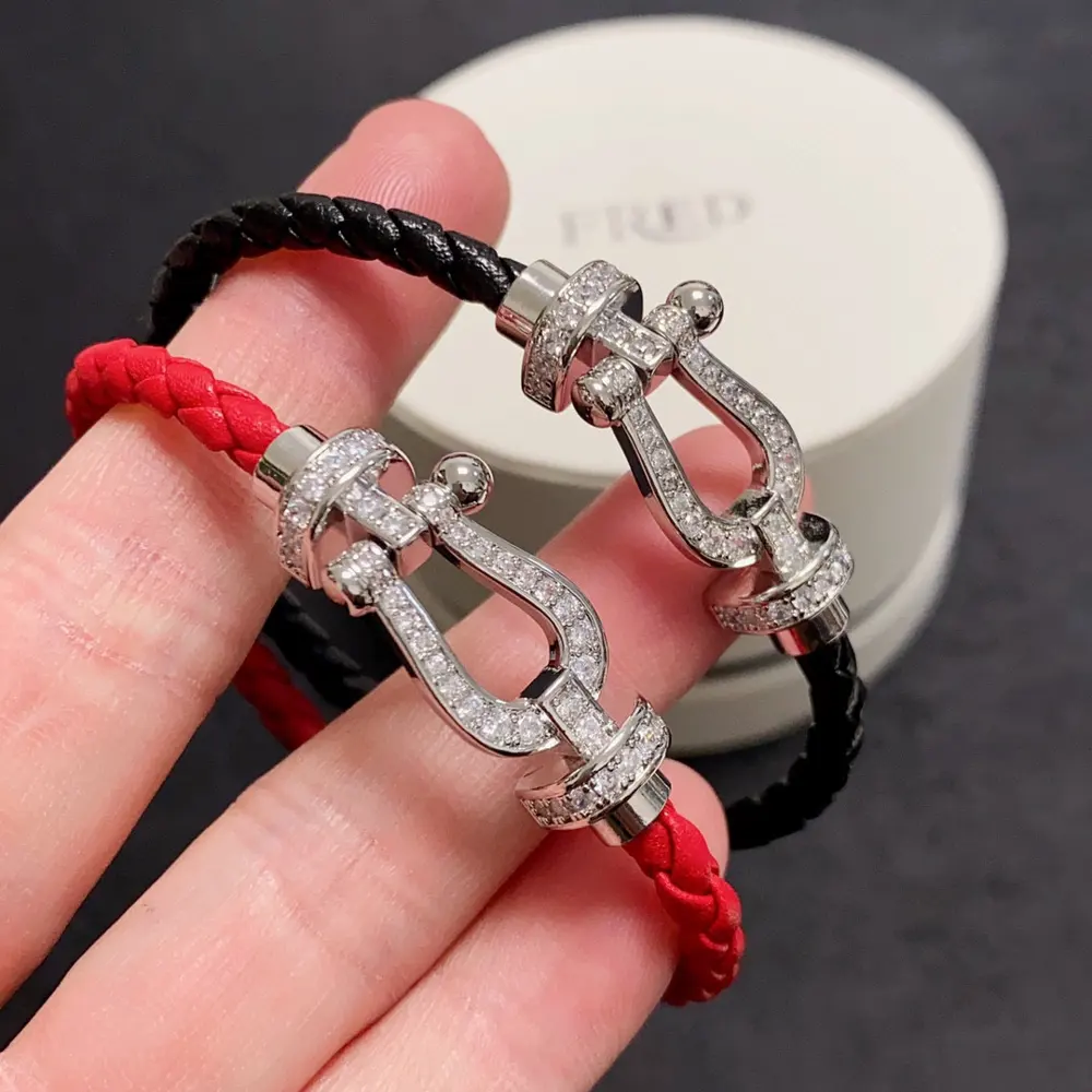 FRED full diamond horseshoe buckle unisex high quality New Year red leather bracelet