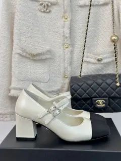 Chanel classic color-blocked double-strap thick-heeled Mary Jane shoes