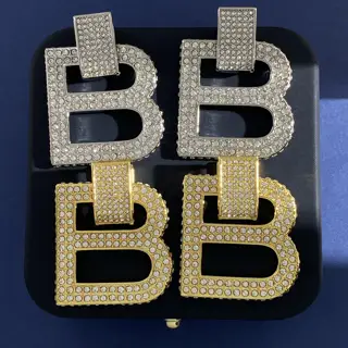 Balenciaga catwalk style full diamond U-shaped earrings with double B logo