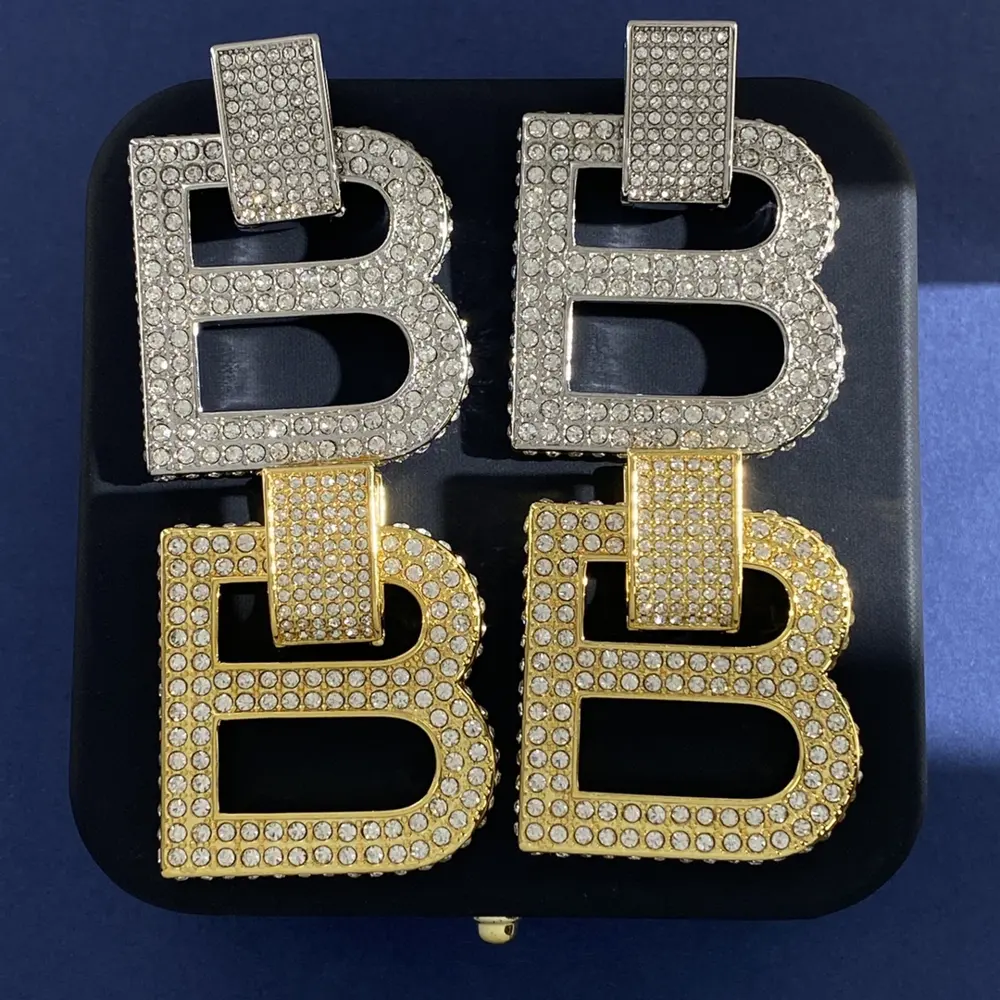 Balenciaga catwalk style full diamond U-shaped earrings with double B logo