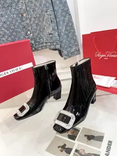 Roger Vivier square toe rhinestone square buckle side zipper thick heel medium heel cowhide