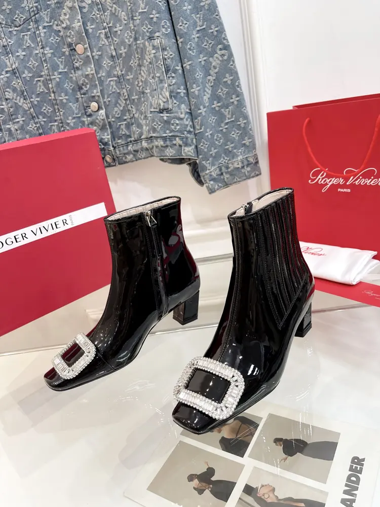 Roger Vivier square toe rhinestone square buckle side zipper thick heel medium heel cowhide
