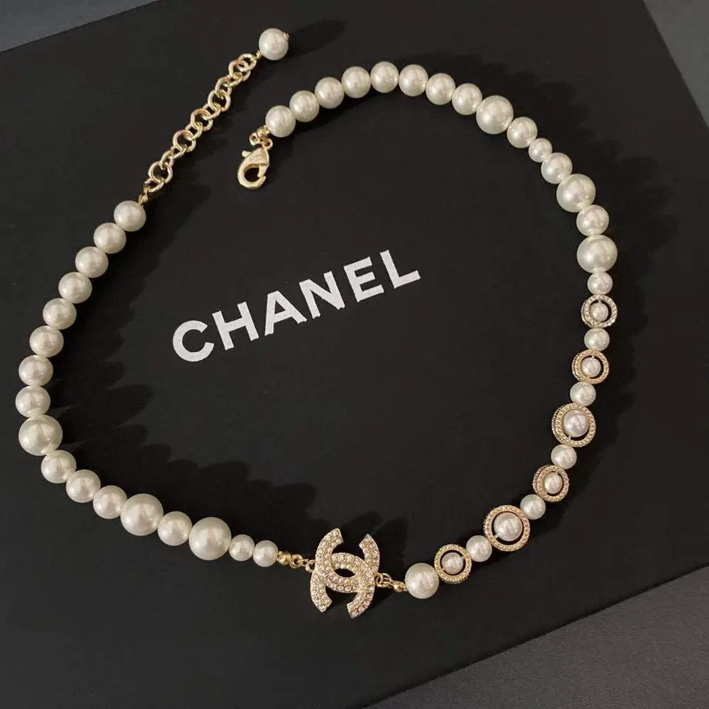 Chanel Crystal Pearl Letter Necklace