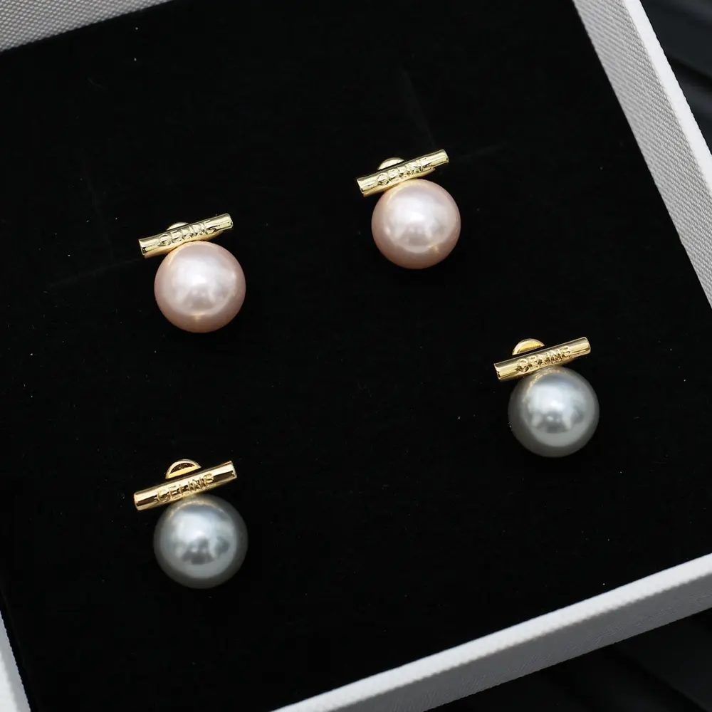 Celine Classic Balance Wood Pearl Stud Earrings