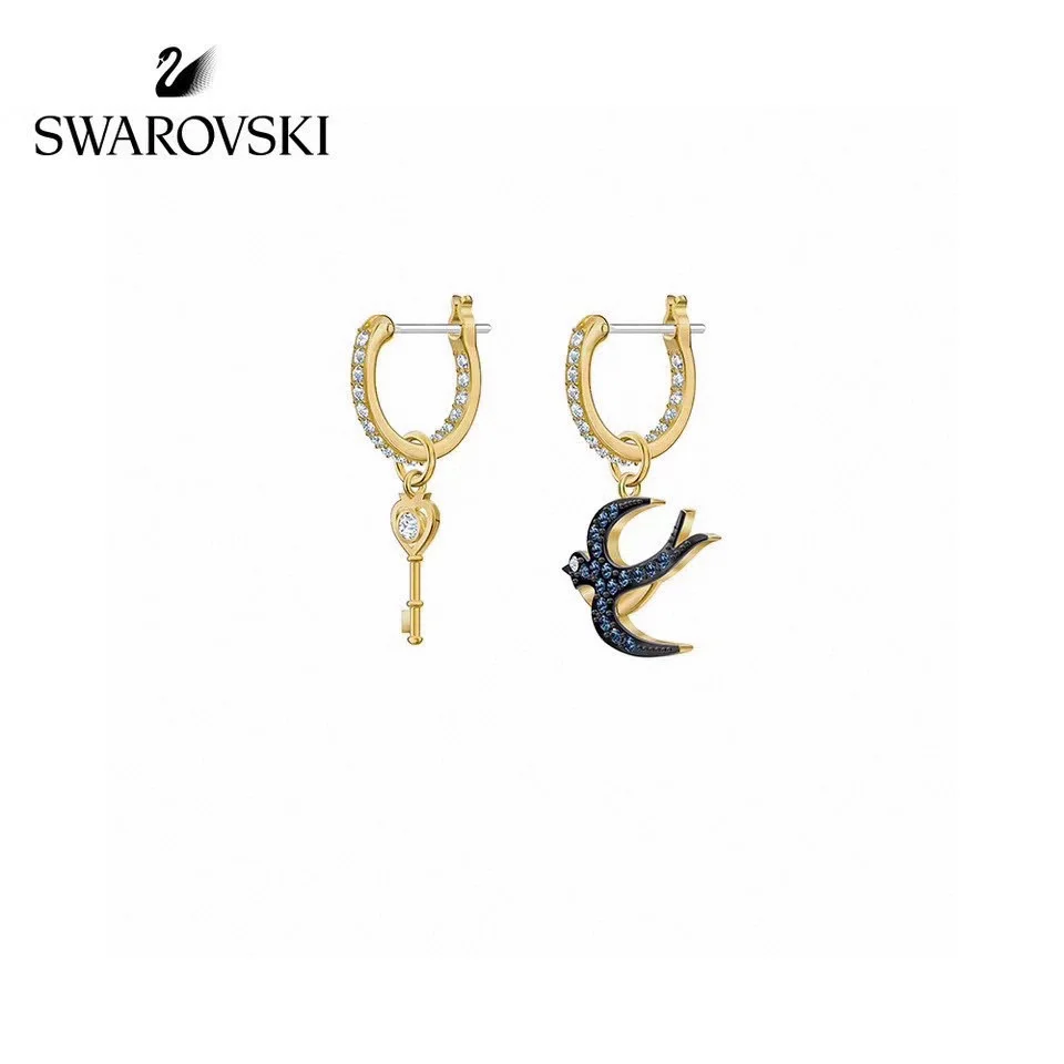 Swarovski Gold Swallow and Key Asymmetrical Earrings