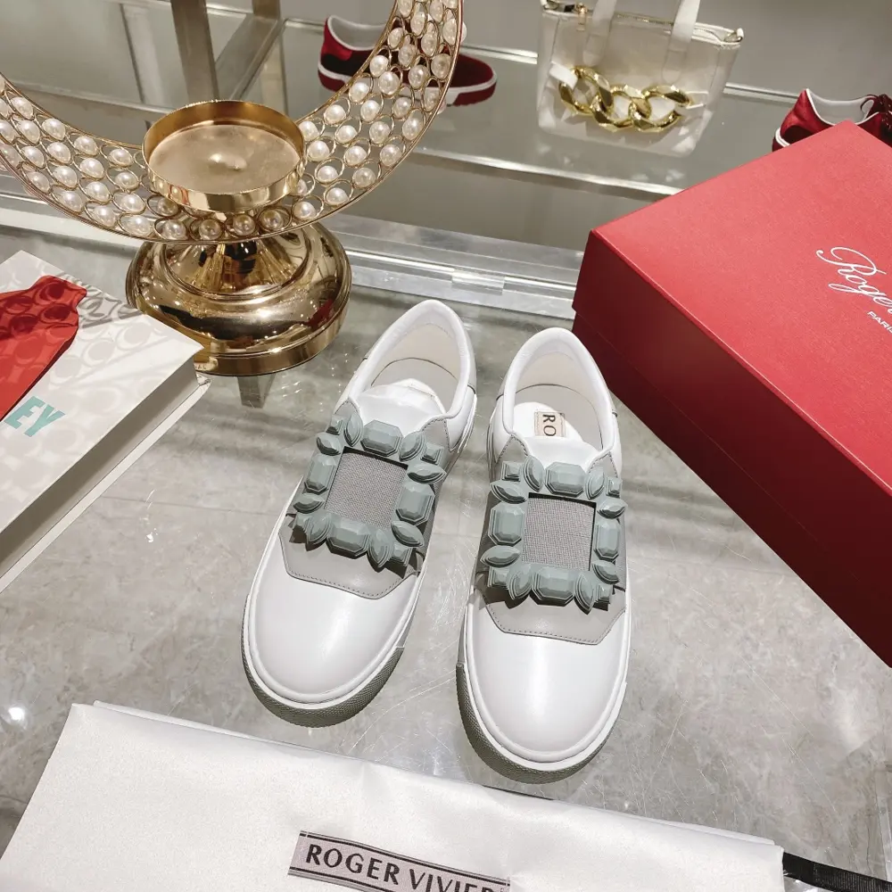 Roger Vivier Diamond Buckle Leather Sneakers White Shoes Dream Shoes RV Diamond Buckle