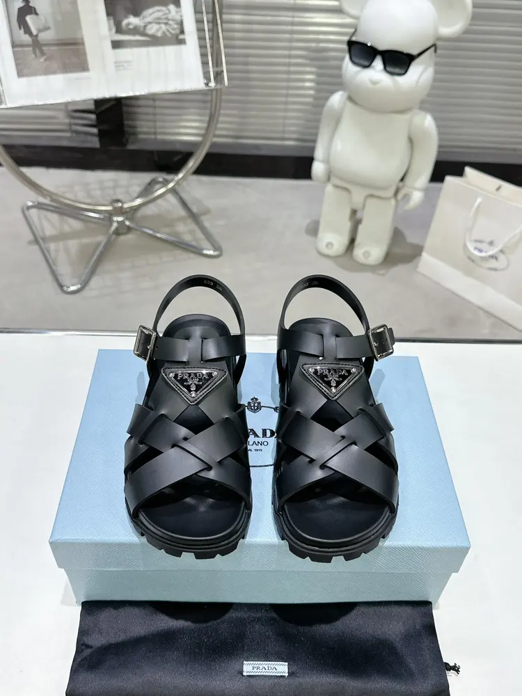 Prada new sandal series classic triangle buckle cross-woven sandals Classic upgrade Comfort