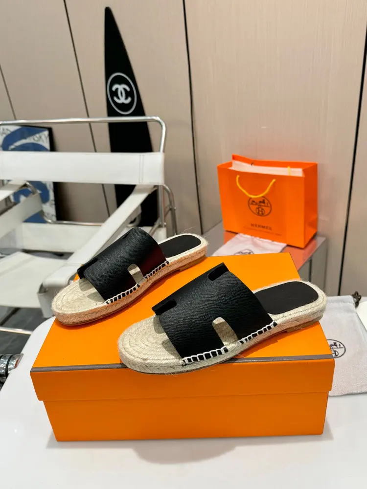 Hermès H-shaped hemp rope woven leather sole slippers