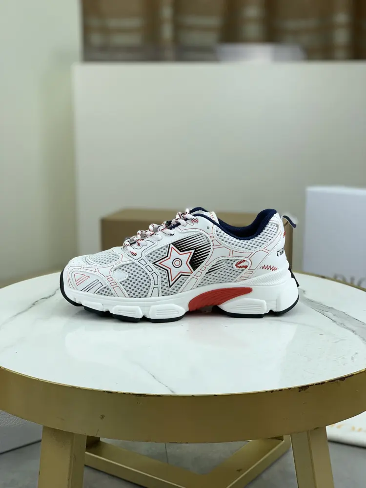 Dior CHRONO shoes have a lot of silver shiny structures with gray mesh materials. The soles