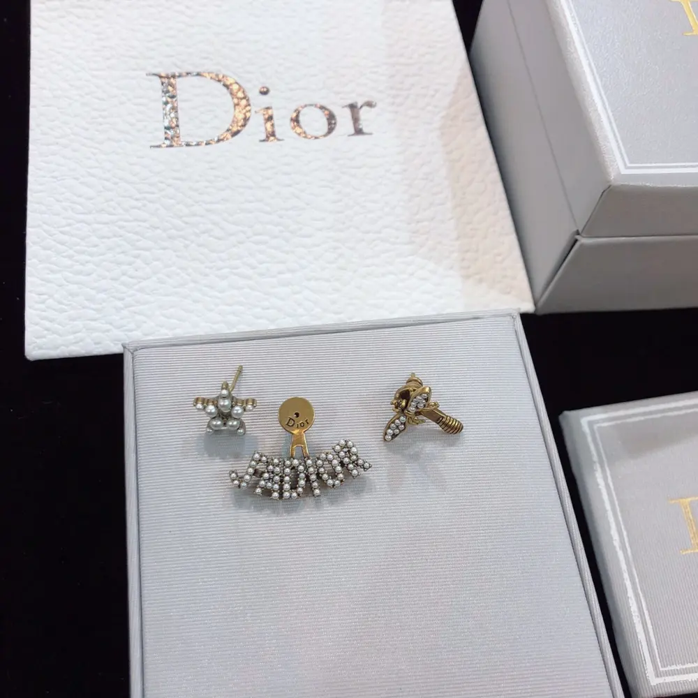 Dior new style golden retro classic bee CD letter JADIOR asymmetrical earrings