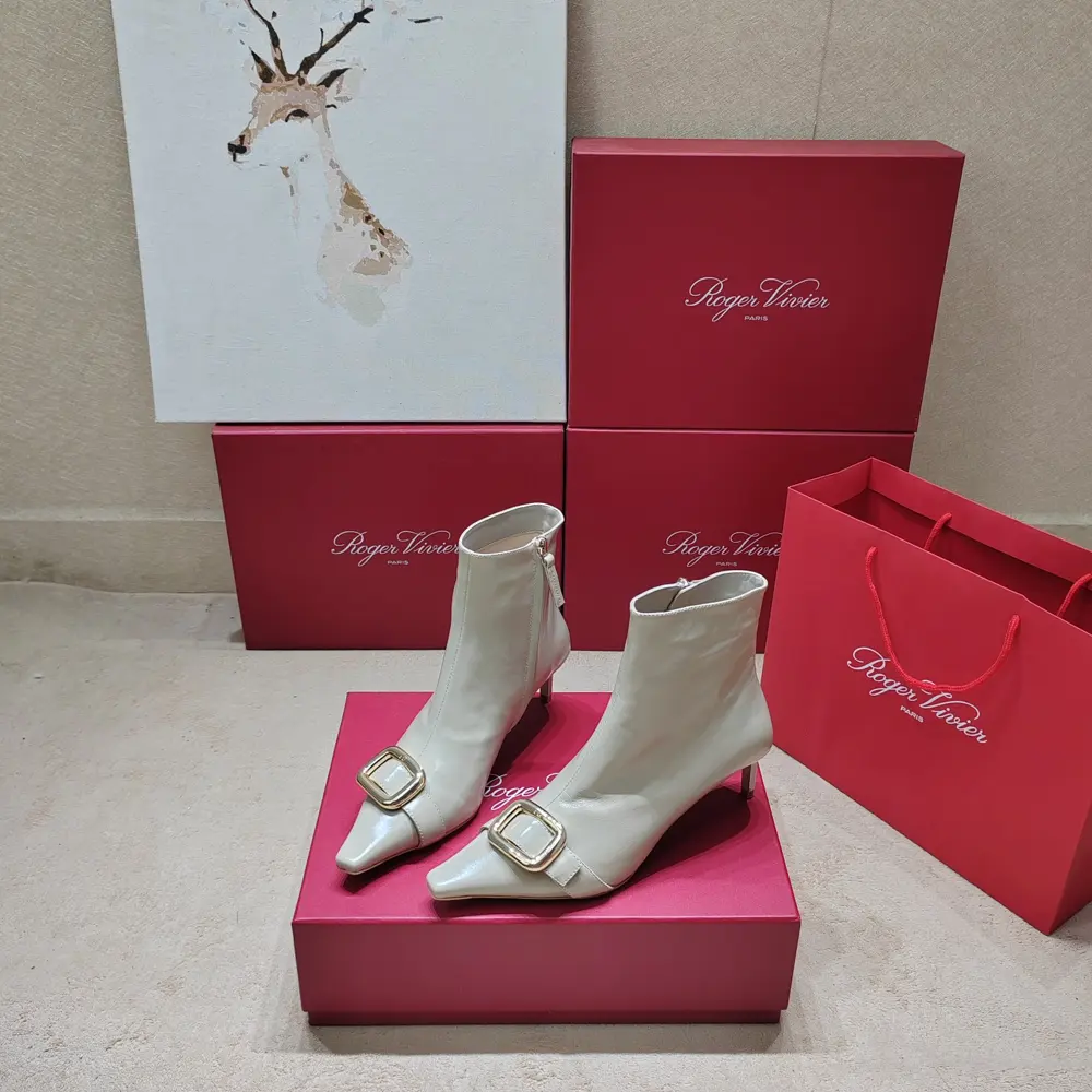 Roger Vivier Square Diamond Kitten Heel Nude Boots Top New Release ︎