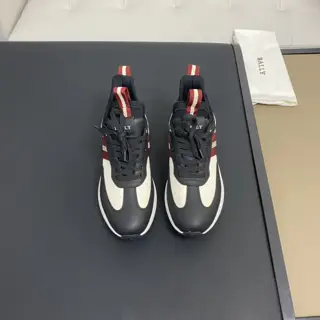 Bally men’s black and classic red fabric and leather sneakers. New product from the Outline