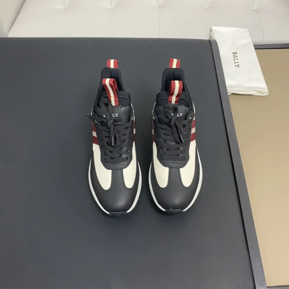 Bally men’s black and classic red fabric and leather sneakers. New product from the Outline
