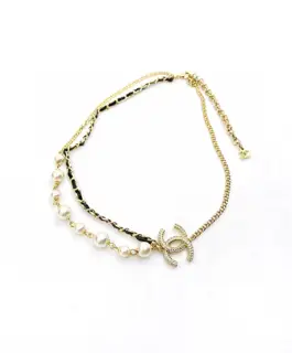 Chanel black leather pearl double necklace