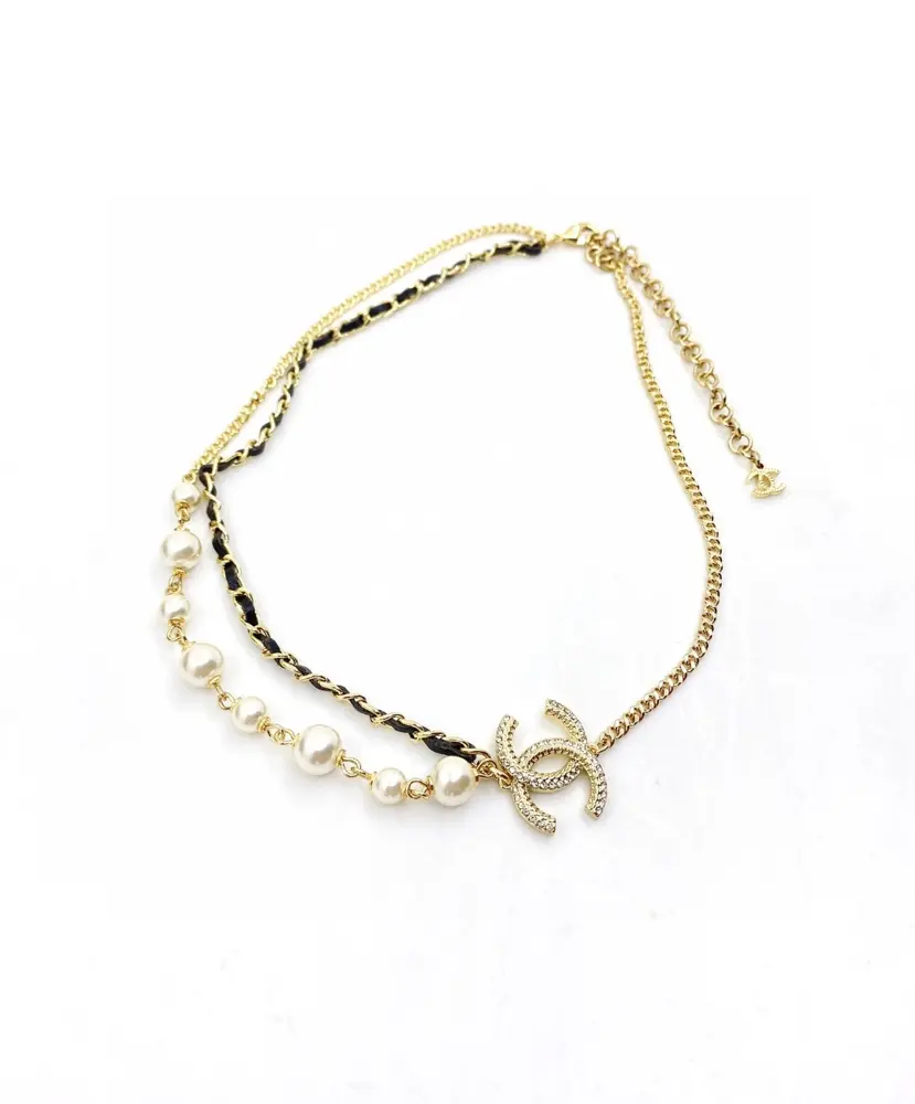 Chanel black leather pearl double necklace
