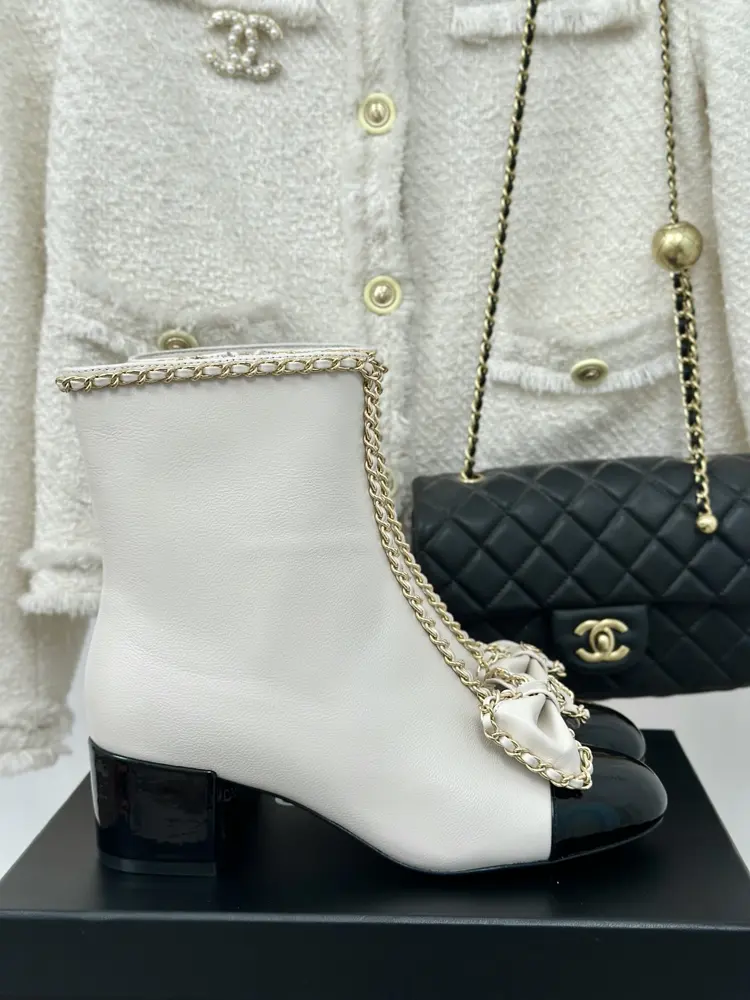 Chanel Chain Bowknot Chunky Heeled Short Boots