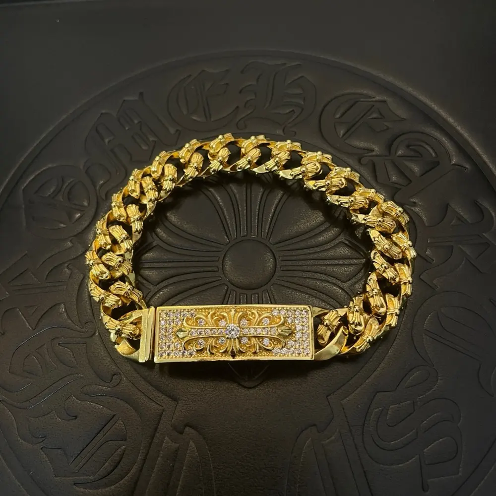 Chrome Hearts Gold Classic Twisted Vintage Full Cross White Diamond Bracelet