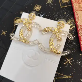 Chanel Transparent Crystal Pearl Camellia Monogram Earrings