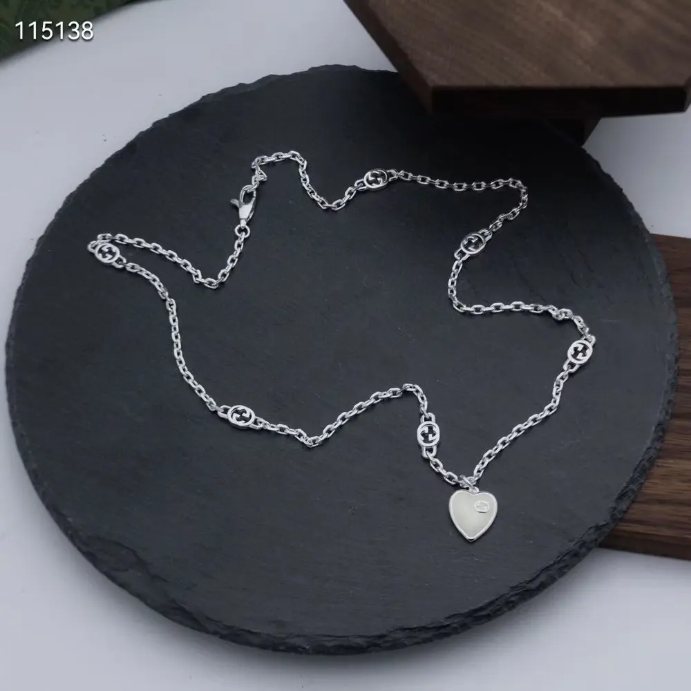Gucci Interlocking G Heart Shape Mother of Pearl Enamel Necklace