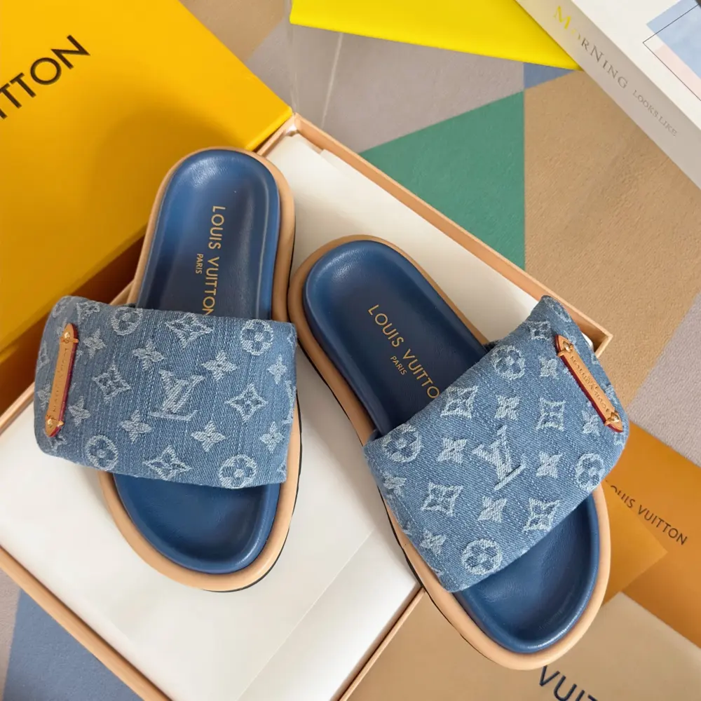 Louis Vuitton Velcro Denim Checkerboard Embossed Bread Flat Sandals