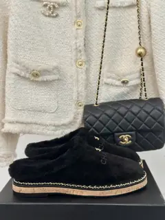 Chanel Autumn and winter new double C chain wool half-slippers