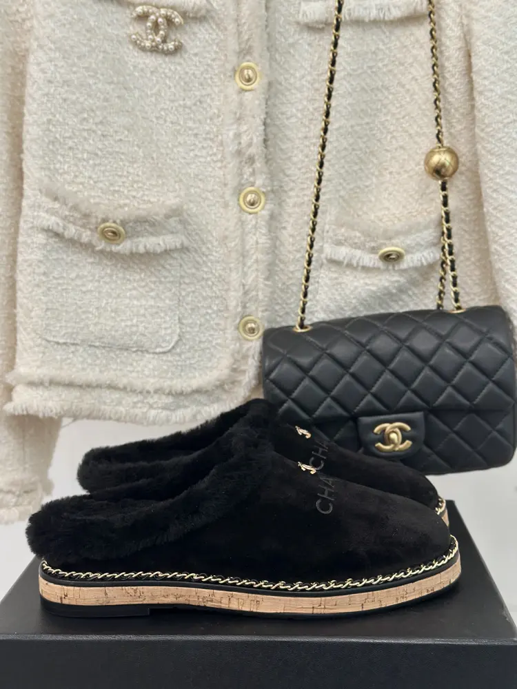 Chanel Autumn and winter new double C chain wool half-slippers
