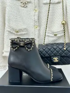 Chanel Chain Bowknot Chunky Heeled Short Boots