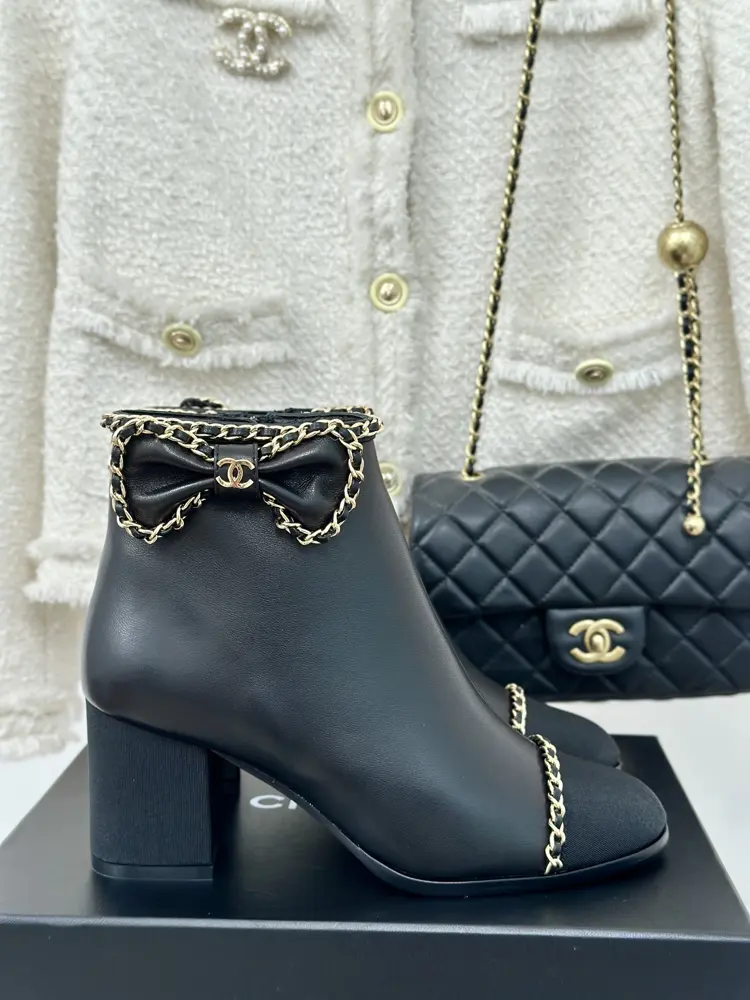 Chanel Chain Bowknot Chunky Heeled Short Boots