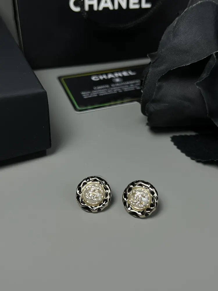 Chanel Black Gold Double C Pearl Crystal Earrings