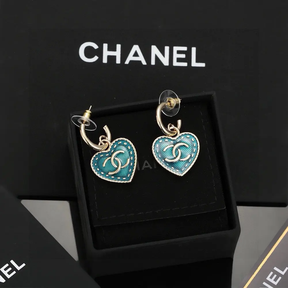 Chanel Vintage Denim Blue Delicate Heart Peach Earrings