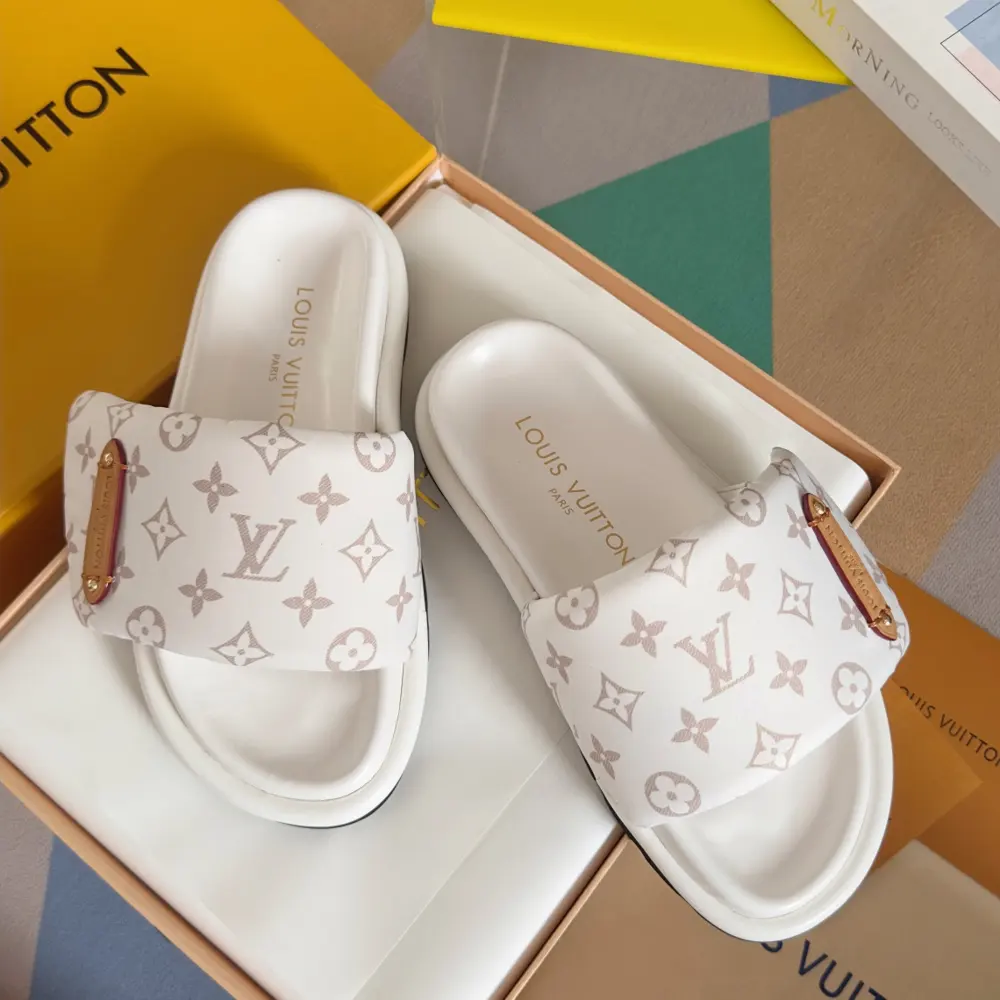 Louis Vuitton Velcro Denim Checkerboard Embossed Bread Flat Sandals