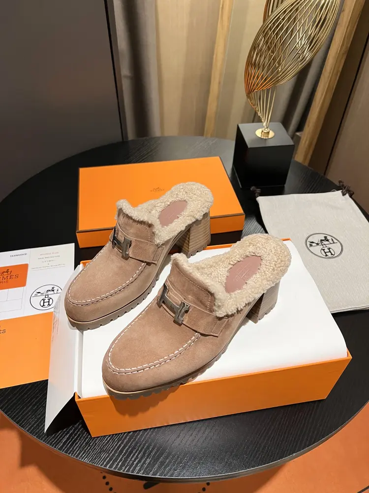 Hermès wool half slippers H wool slippers H buckle series