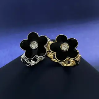 Chanel black oil drop flower five-petal double C letter chain open ring