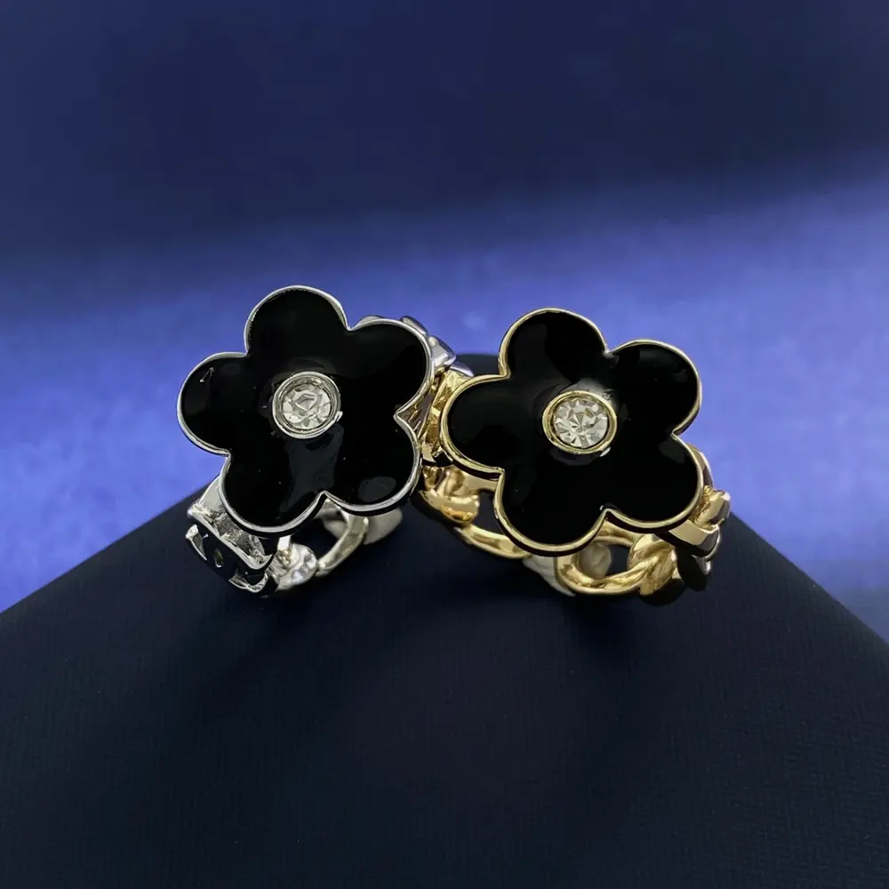 Chanel black oil drop flower five-petal double C letter chain open ring