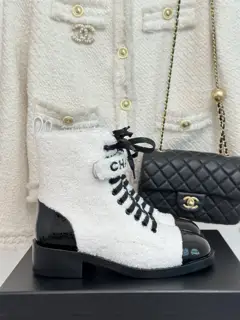 Chanel color-blocked lace-up furry thick-heeled short boots