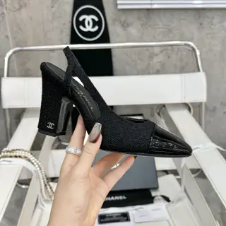 Chanel thick heel square toe color matching high heel sling back sandals for women