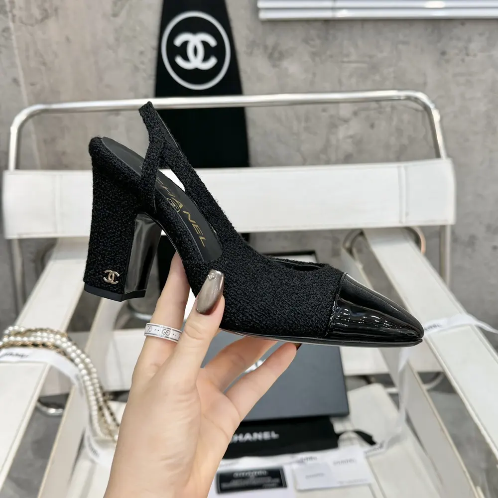 Chanel thick heel square toe color matching high heel sling back sandals for women