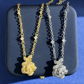 DIOR Korean fashion exquisite diamond camellia flower pendant necklace