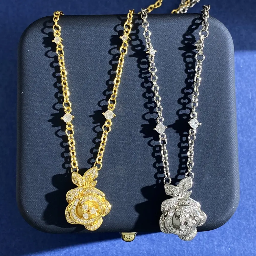 DIOR Korean fashion exquisite diamond camellia flower pendant necklace