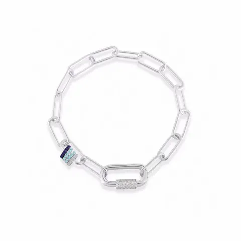 Apm monaco multi-ring blue diamond love chain thick silver bracelet