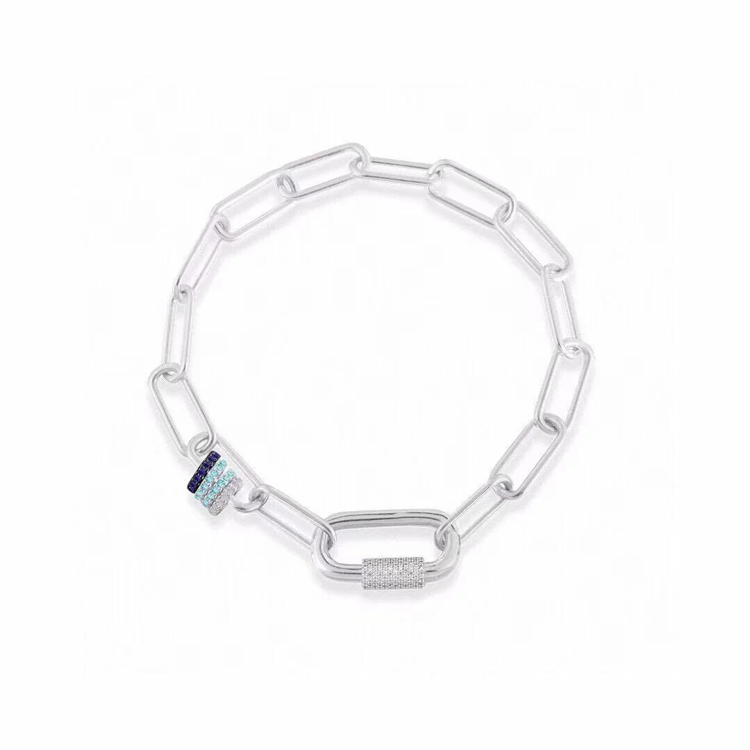 Apm monaco multi-ring blue diamond love chain thick silver bracelet