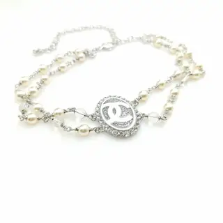 Chanel White gold oval double crystal necklace