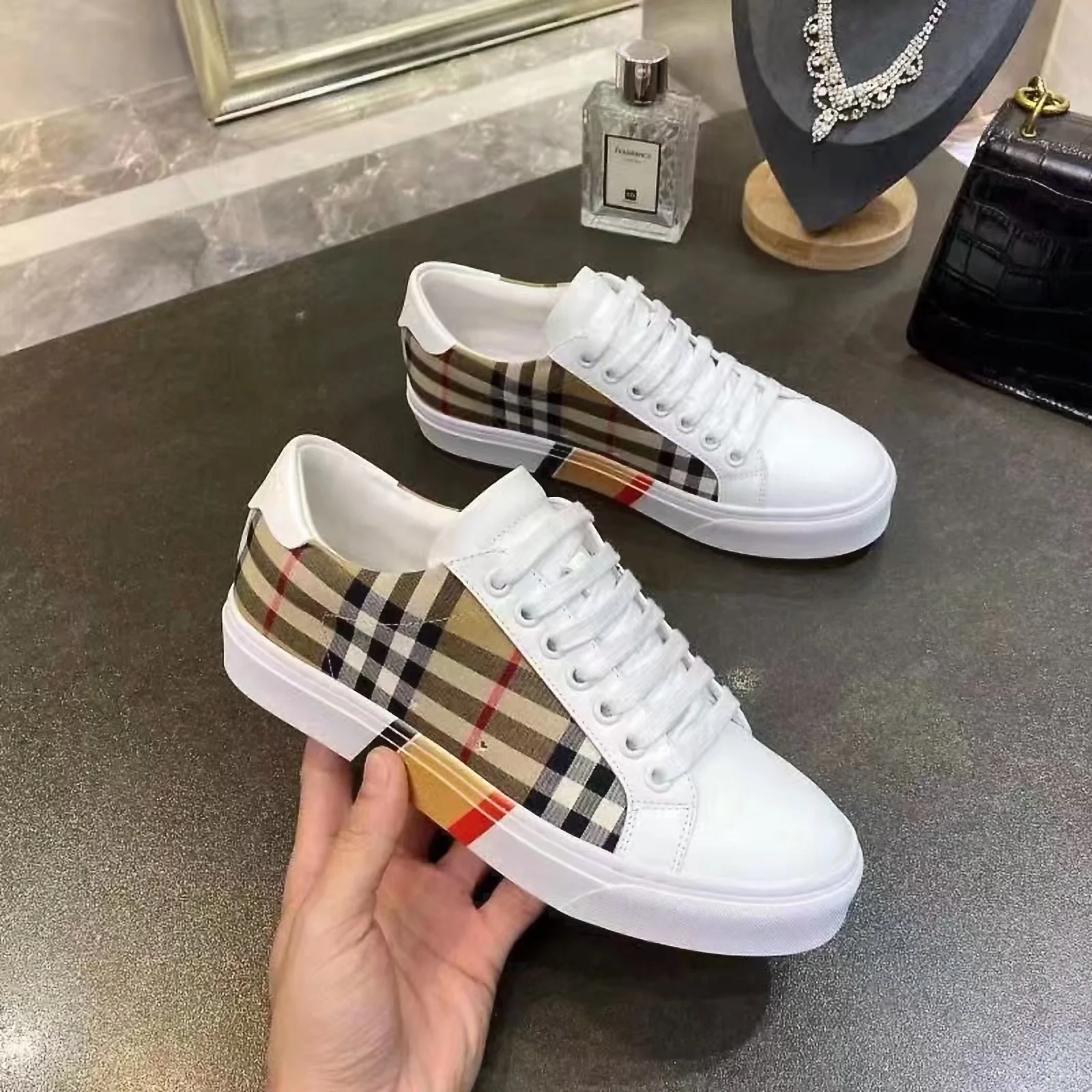 BURBERRY Retro plaid cotton sneakers