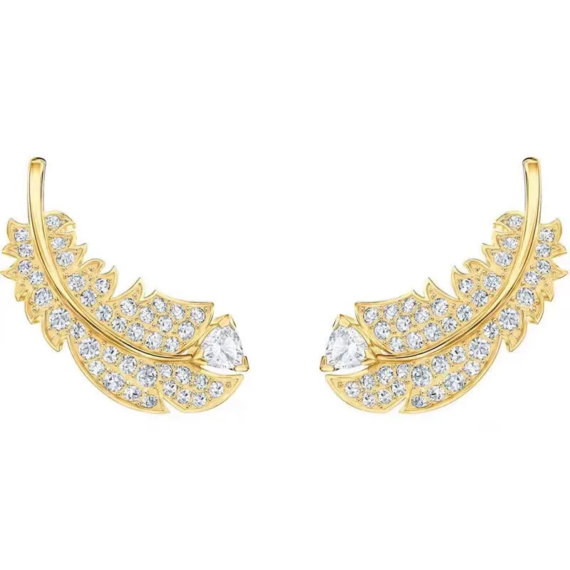 Swarovski Yellow Gold Teardrop Single Diamond Feather Earrings
